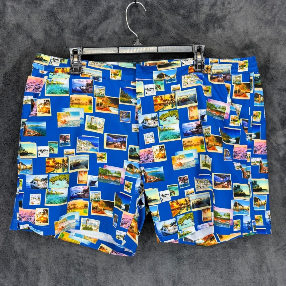 Robert Graham Swim Shorts Mens XL Blue Postcards Print Hydrocool SMRG105 NWT